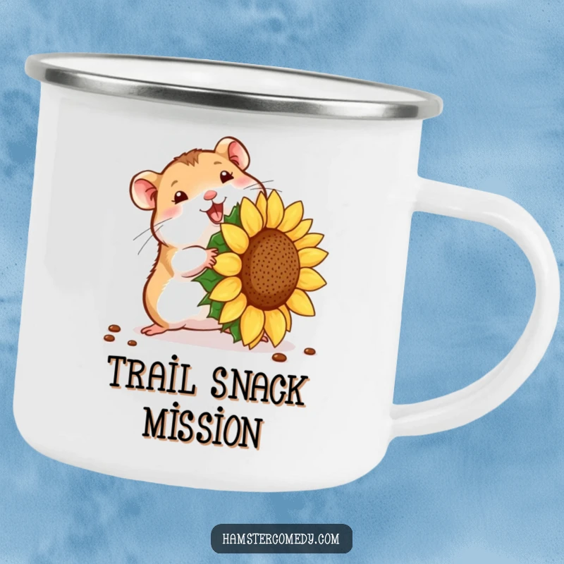 Funny hamster seed struggle camping mug, showing a tiny hamster with a huge seed. Durable funny gift.