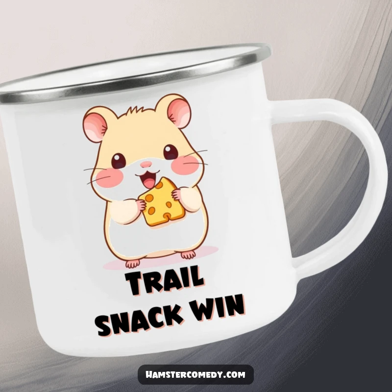 Funny Kawaii Hamster Cheese Camping Mug: A sturdy enamel mug with a cute hamster holding cheese, perfect for camping trips.