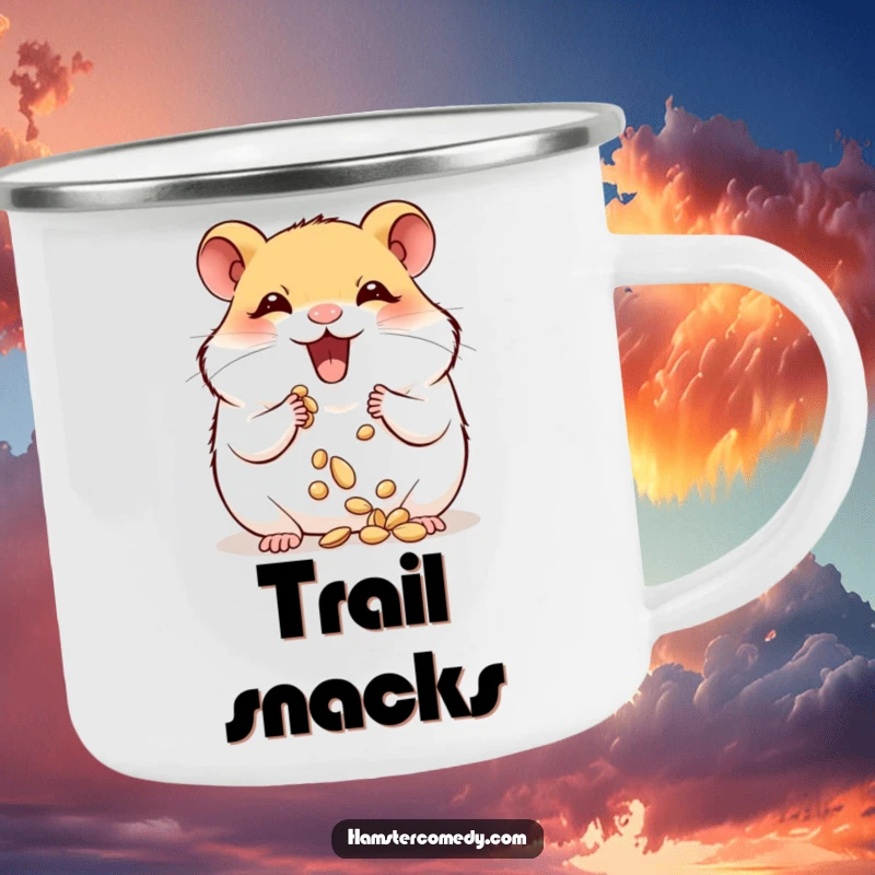 Funny hamster joyfully stuffing its plump cheeks with seeds, a durable and humorous camping mug.
