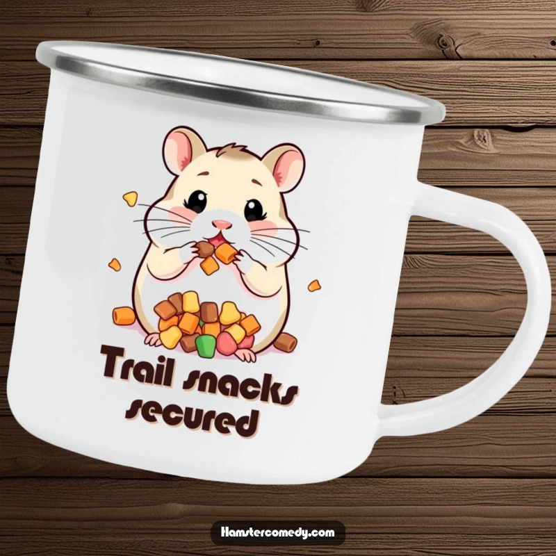 Funny camping mug showing a kawaii hamster with its cheeks comically stuffed full of treats.