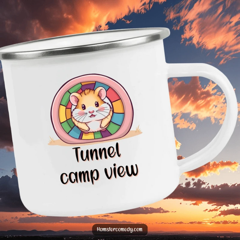 Funny Hamster Tunnel Camping Mug featuring a hamster peeking out, perfect for humorous outdoor adventures.