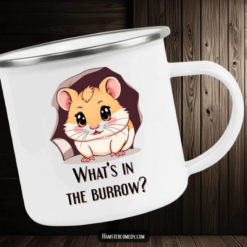 Funny hamster camping mug featuring a curious hamster peeking into a hole, ready for outdoor adventures and hot beverages.