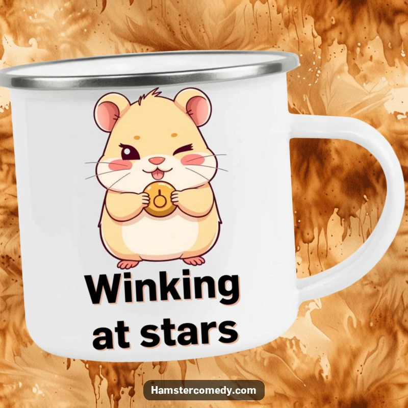 Funny Kawaii Hamster Camping Mug with a cute hamster giving a mischievous wink and holding a button, for humorous outdoor trips.