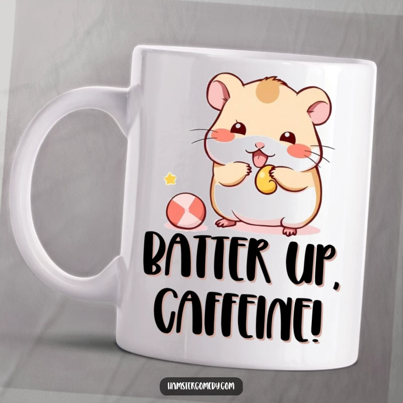 Funny Kawaii Hamster Mug showing a cute hamster playfully batting at a small toy, a humorous gift for pet lovers.