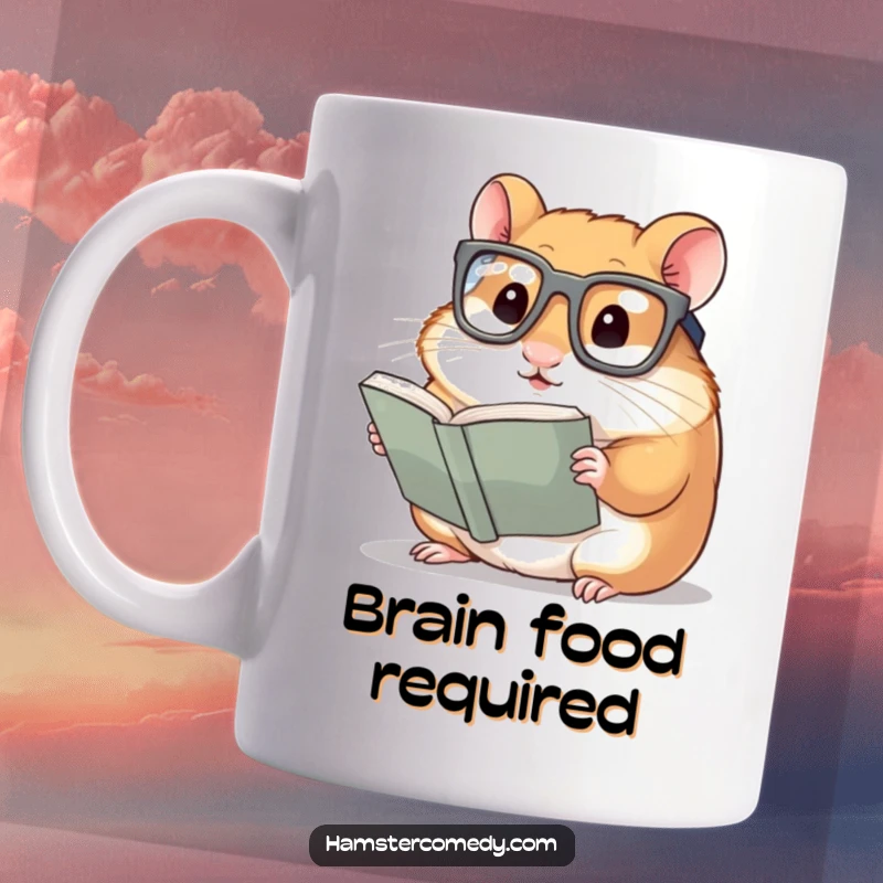 Funny Hamster Mug: A hamster wearing oversized glasses, intently reading a tiny book with intense focus, embodying scholarly charm.