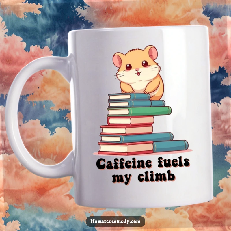 Funny Hamster Mug: A determined hamster humorously climbs a tall stack of tiny books, showcasing ambition and wit.