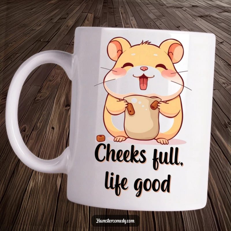 Funny hamster mug showing a cute character with bulging cheeks stuffing food, embodying hoarding humor, great gift.