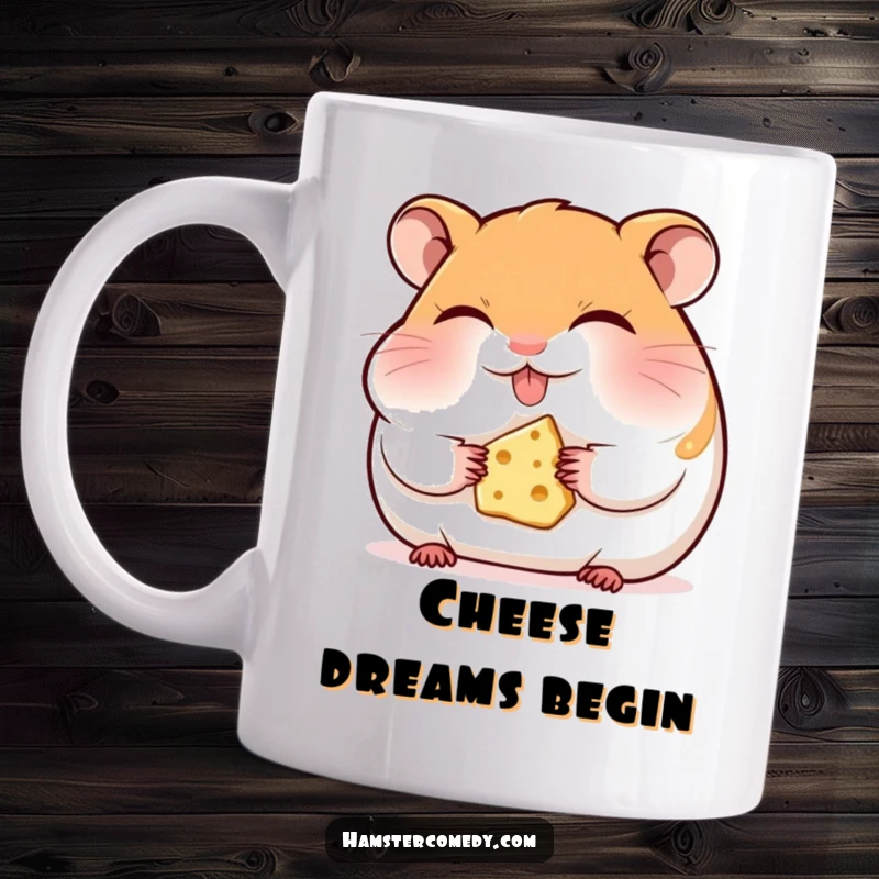 Funny hamster mug, happily munching on a tiny piece of cheese with eyes closed in pure bliss, embodying rodent delight.