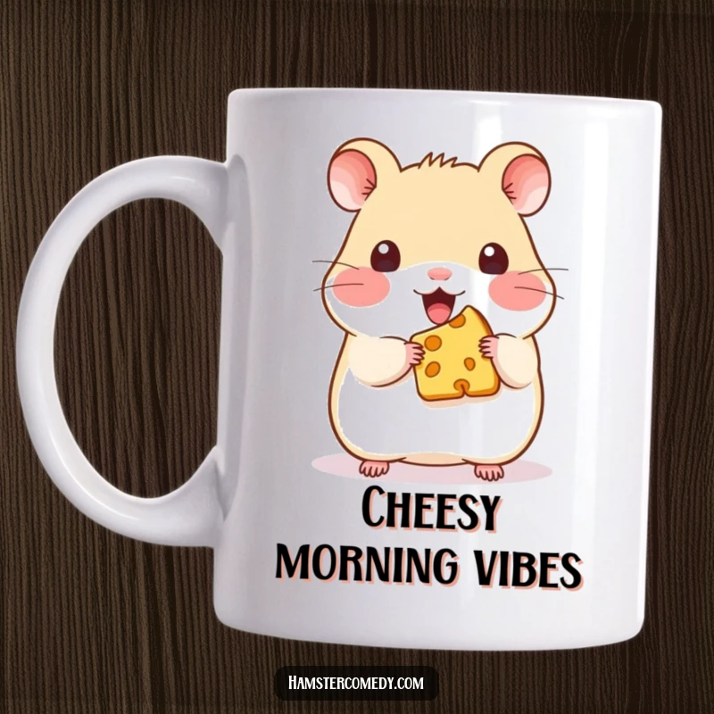 Funny Kawaii Hamster Cheese Mug: A cute hamster adoring a tiny piece of cheese, perfect for coffee lovers and snack enthusiasts.
