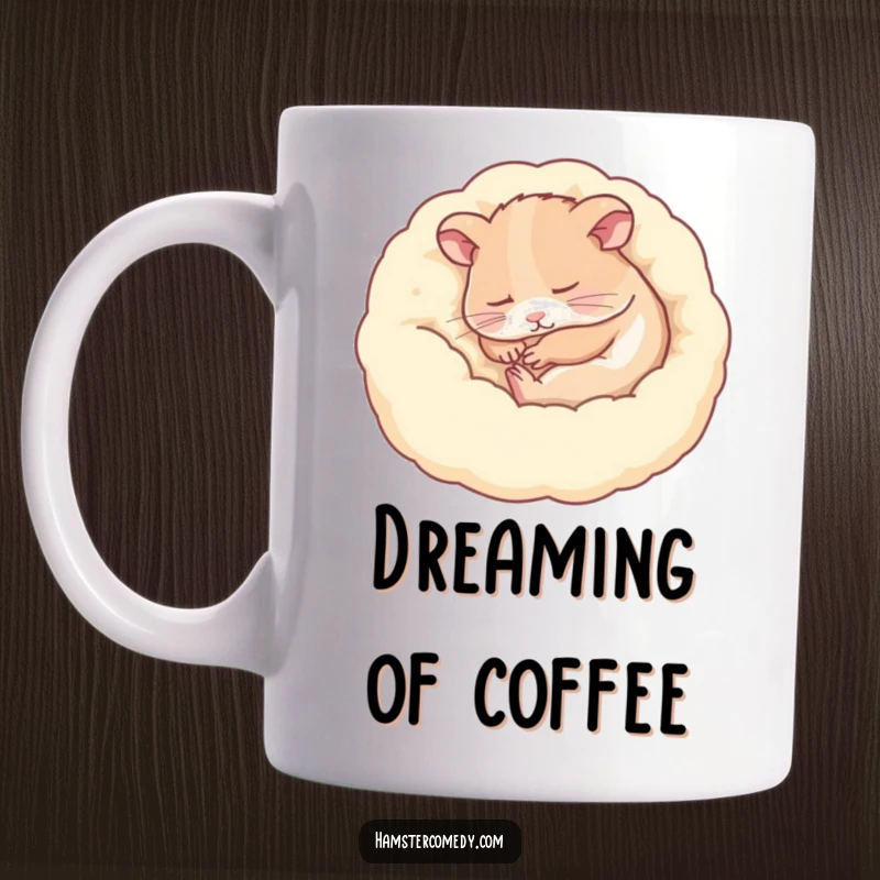 Funny hamster sleeping peacefully curled up in a soft fluffy bed, serene expression, humorous mug, perfect funny gift.