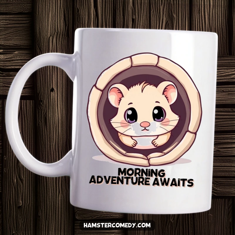 Funny kawaii hamster mug featuring a cute hamster with big, curious eyes peeking out of and exploring a dark tunnel.