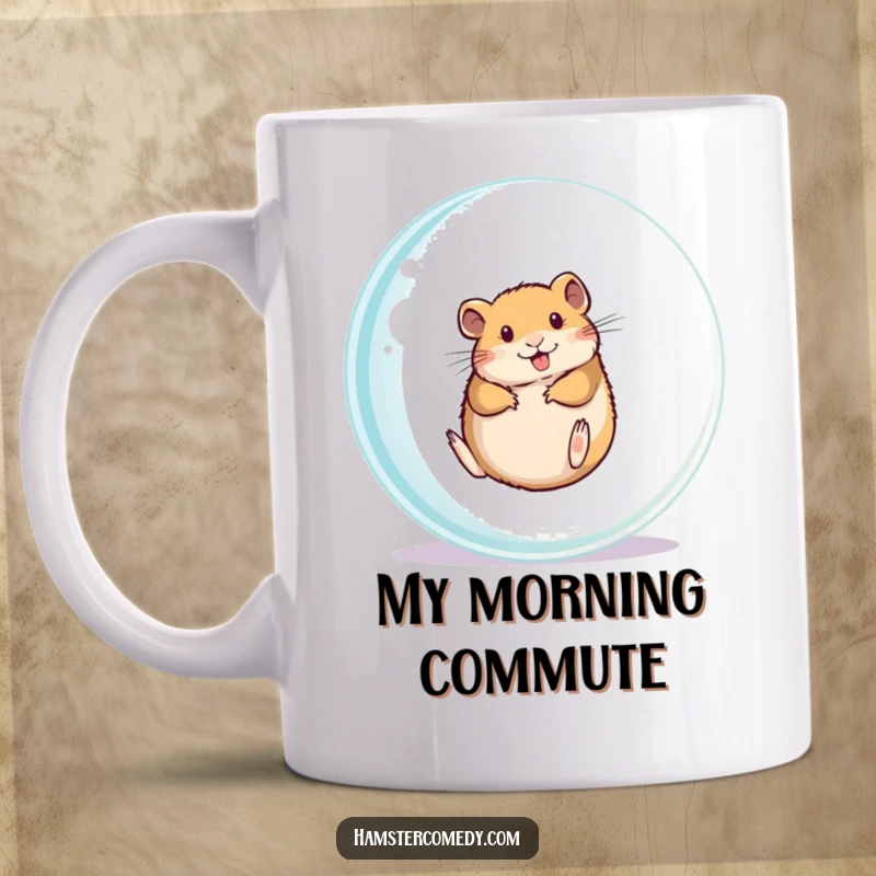 Funny hamster happily rolling inside a clear exercise ball on a mug, great funny gift idea.