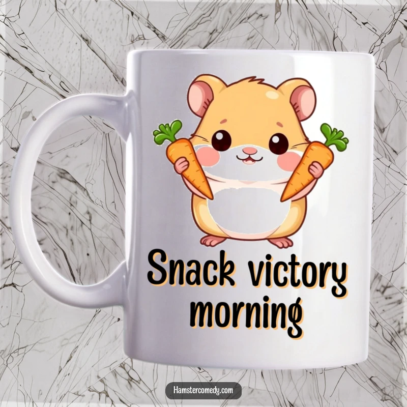 Funny mug depicting a proud hamster holding up two tiny carrots with an expression of utmost accomplishment.