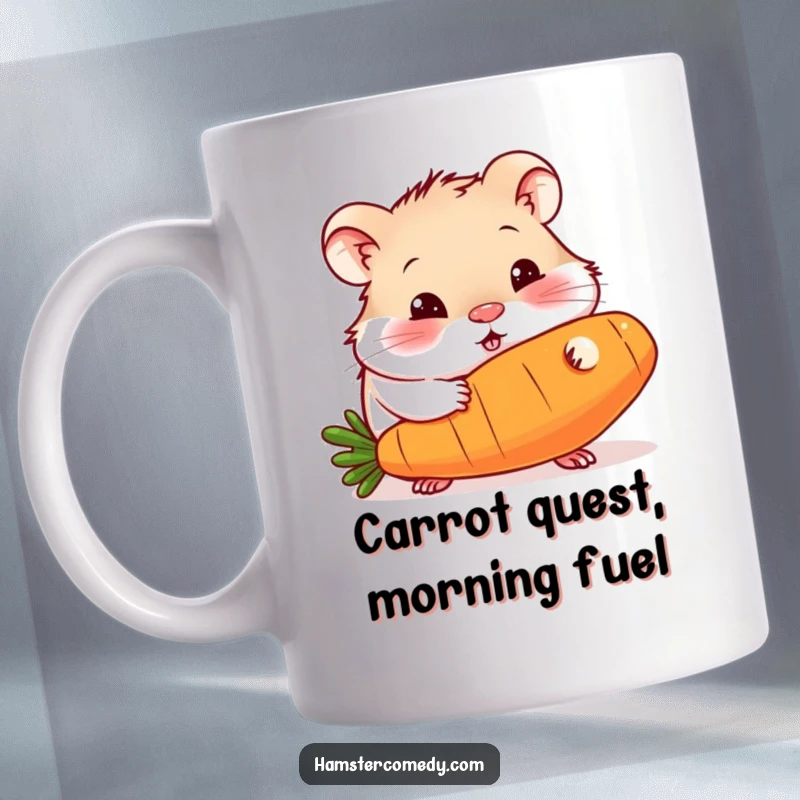 Funny mug graphic of a curious hamster with big eyes, enthusiastically nibbling on an oversized carrot, conveying pure joy.