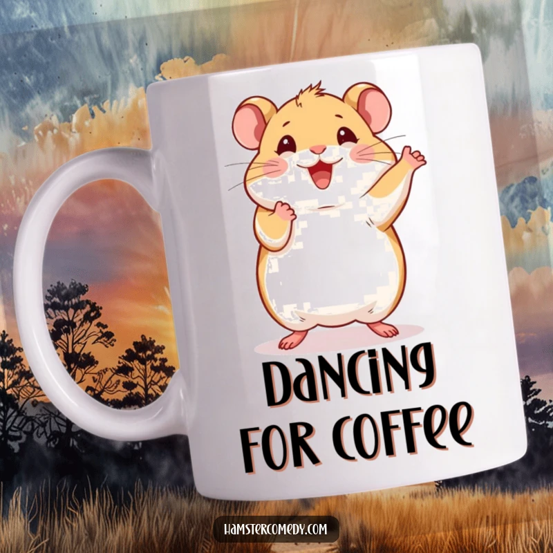 Cute hamster doing a joyful dance with paws in the air, captured humorously on a mug.