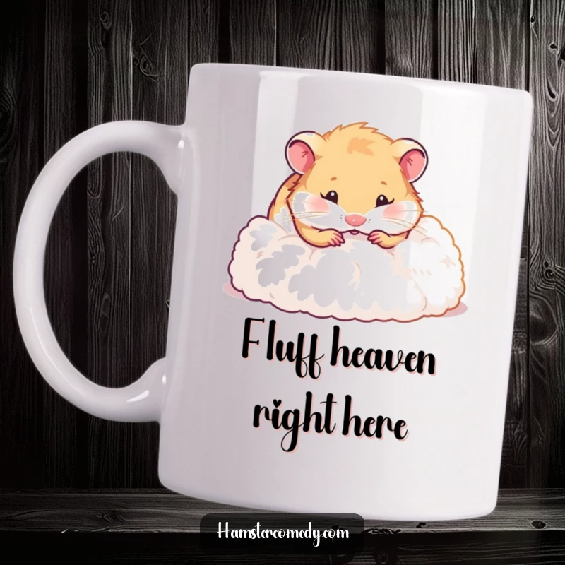 Funny hamster mug with a joyful hamster playfully digging deep into a fluffy pile, looking utterly delighted and busy.