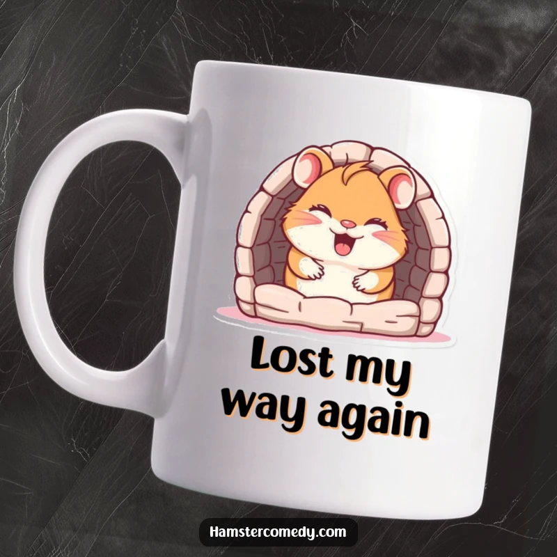 Funny Mug: A tiny, giggling hamster peeks adorably from a small maze entrance, radiating pure joy and mischief.