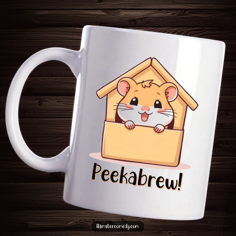 Funny hamster mug, peeking from a cardboard house with glee, showing mischievous joy, a cute and humorous gift for pet owners.