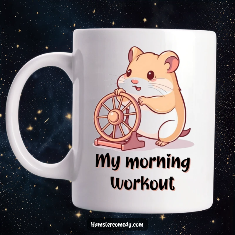 Funny hamster mug featuring a hamster playfully pushing a miniature wheel with its paws, conveying energy and fun.