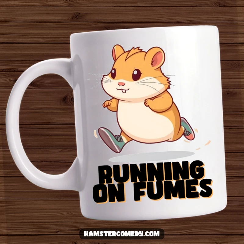Determined hamster wearing tiny running shoes, sprinting with intense focus, embodying speed and athletic prowess on a mug.
