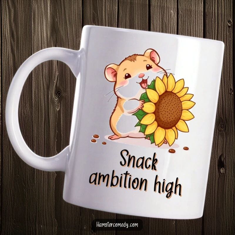 Funny hamster comically struggling to carry a giant sunflower seed. Hilarious pet moment funny gift.