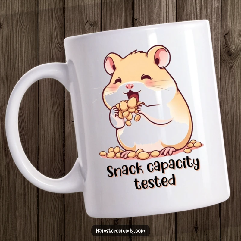 Funny Hamster Mug: A cute hamster happily stuffing its cheeks until they nearly burst with seeds, embodying extreme snack enthusiasm.
