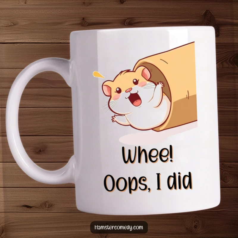 Funny Hamster Mug: A hamster comically sliding down a cardboard tube, mid-yelp with a surprised expression, embodying pure, chaotic fun.