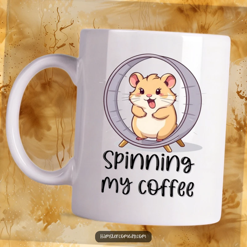 Funny hamster comically spinning in its wheel at high speed, a humorous and energetic mug.
