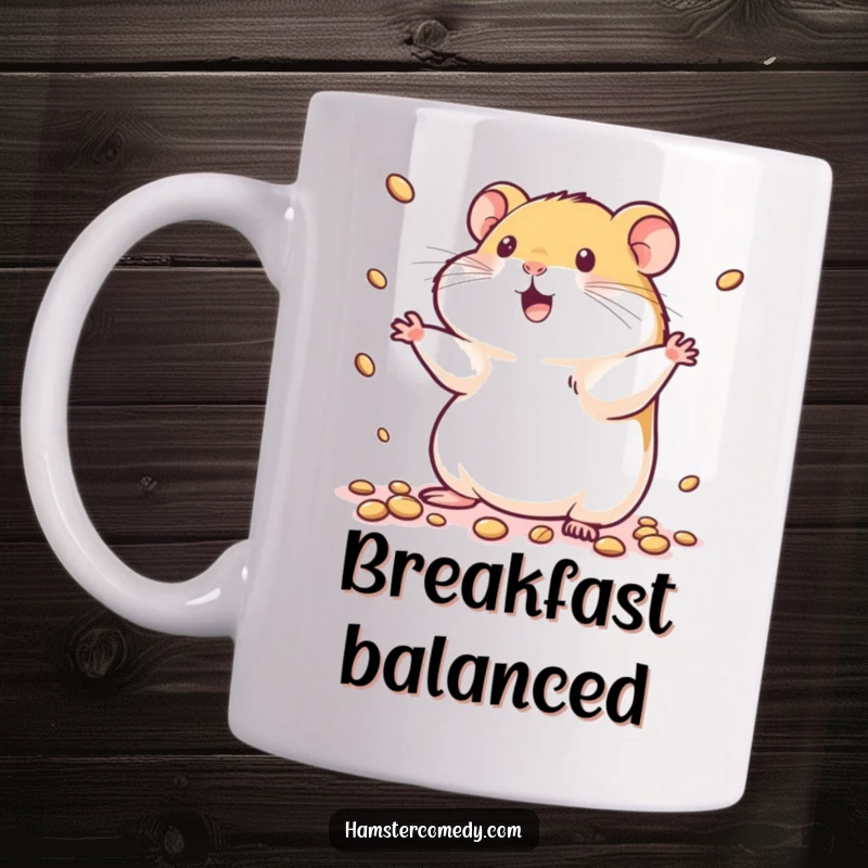Funny kawaii hamster mug depicting a cute hamster energetically juggling several tiny seeds with its paws and a happy expression.