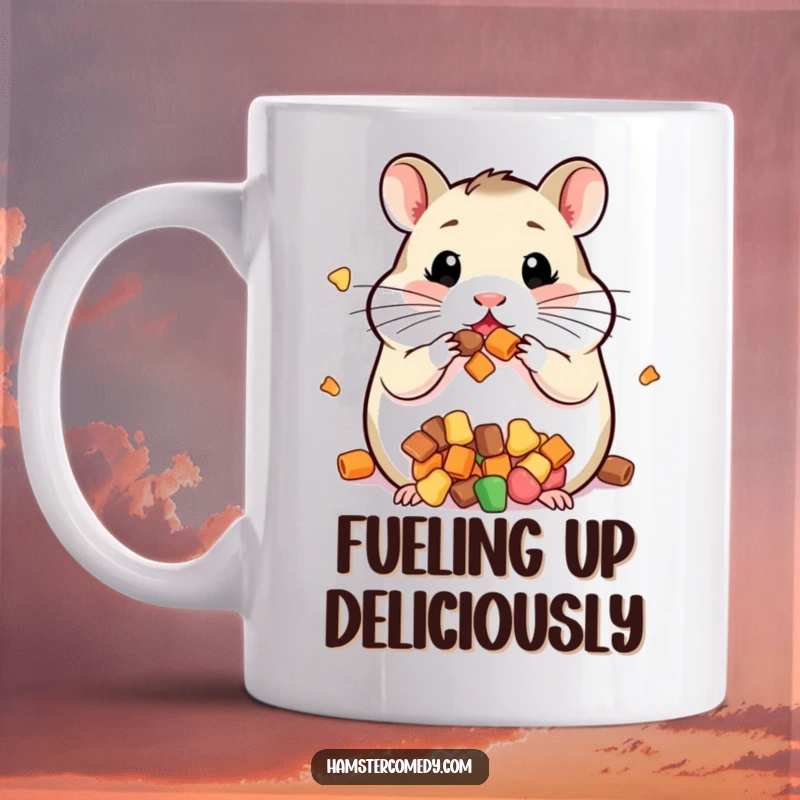 Funny mug showing a kawaii hamster with its cheeks stuffed to the brim with tasty treats.