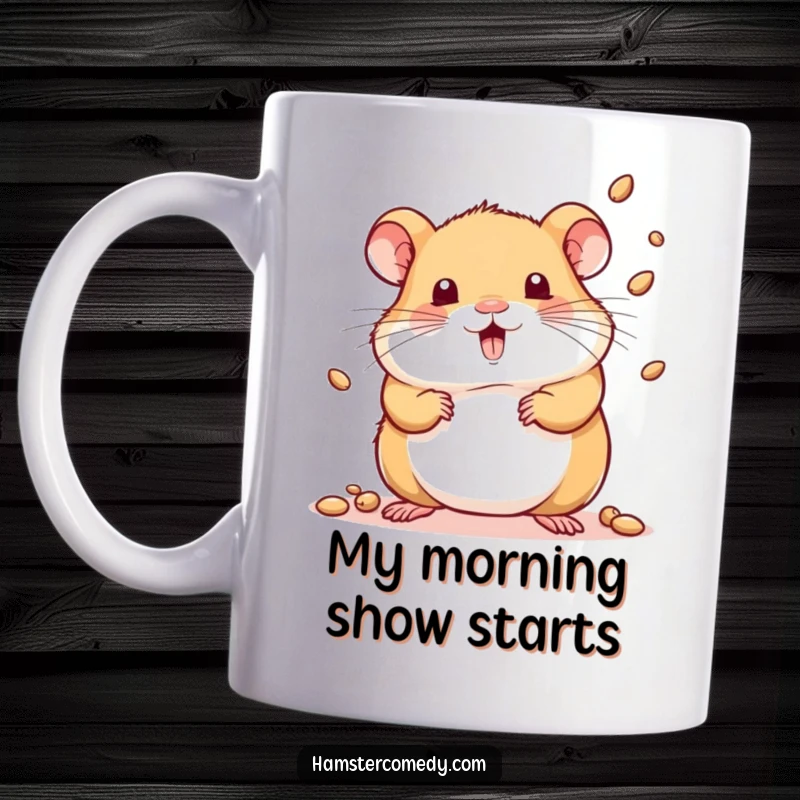 Funny mug showing a kawaii hamster skillfully juggling several tiny seeds with a playful expression.