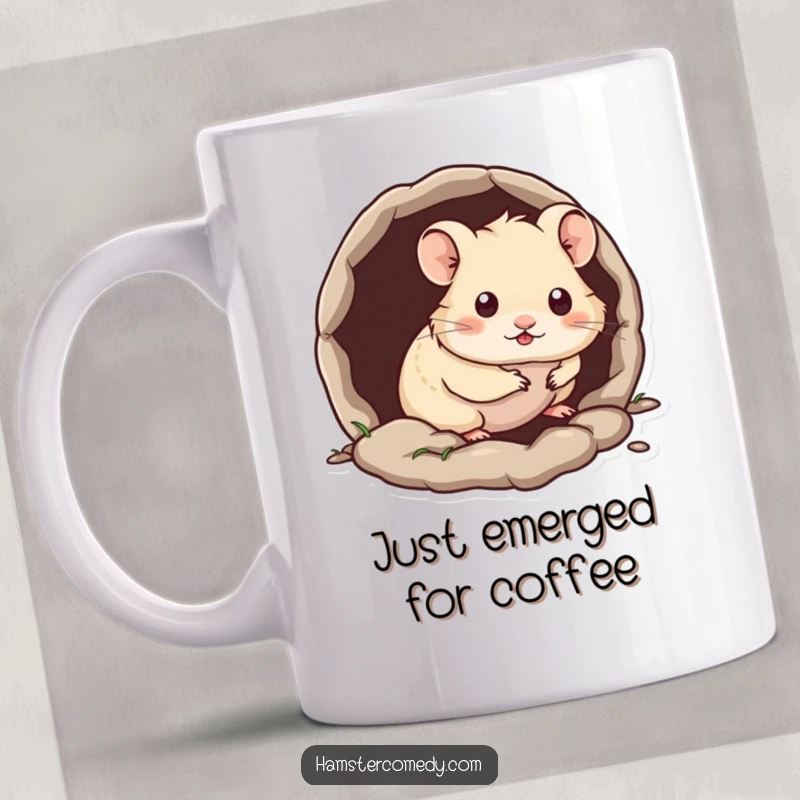 Funny Kawaii Hamster Mug showing a cute hamster peeking its head out from a tiny, cozy burrow entrance.