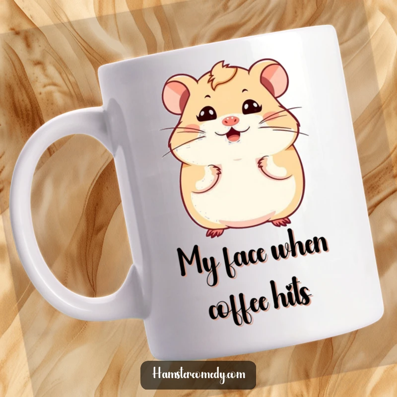 Funny Kawaii Hamster Mug with exaggerated funny expression and wiggling whiskers, a hilarious and cute accessory for any desk.