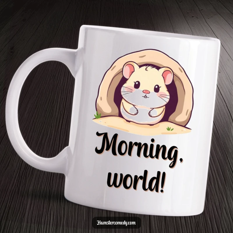 Funny Kawaii Hamster Mug showing a cute hamster peeking out from a cozy, detailed burrow, evoking warmth and joy.