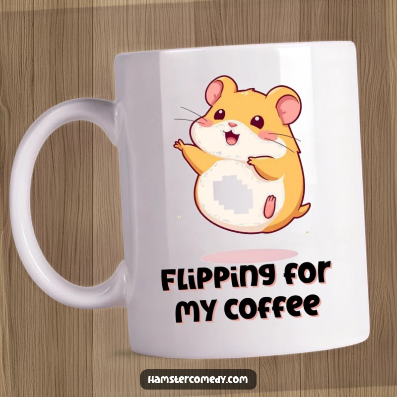 Funny Mug depicting a cute kawaii hamster mid-somersault with wide eyes, showcasing energetic fun.