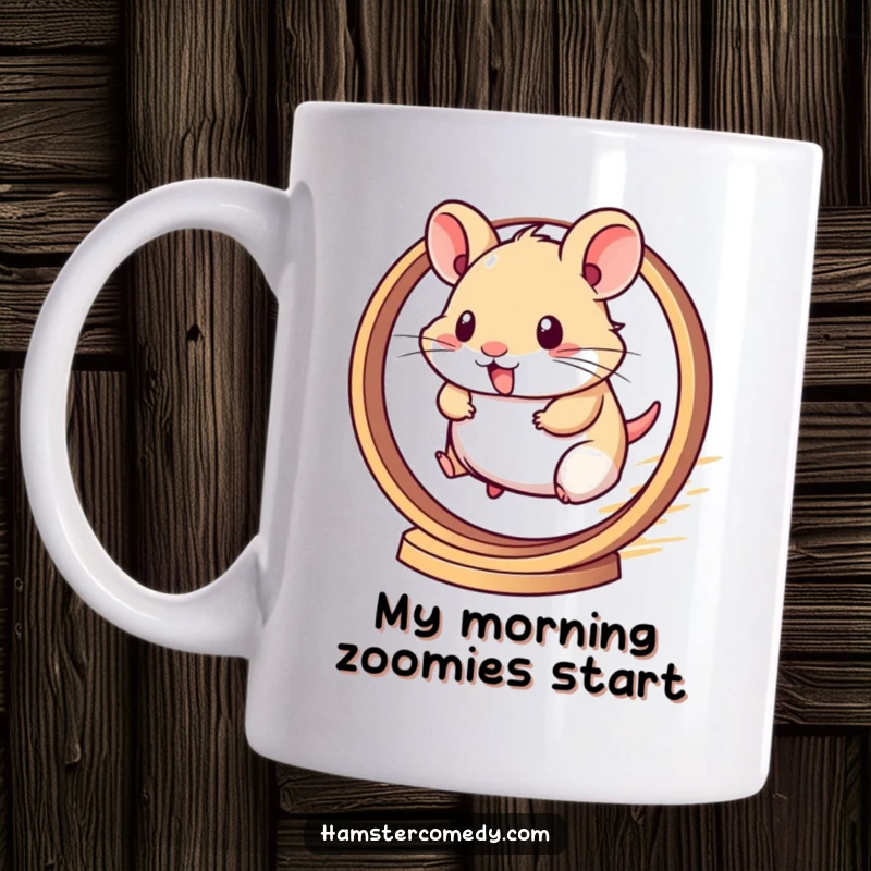 Funny mug with a kawaii hamster sprinting on a wheel, showcasing its incredible speed and determination.