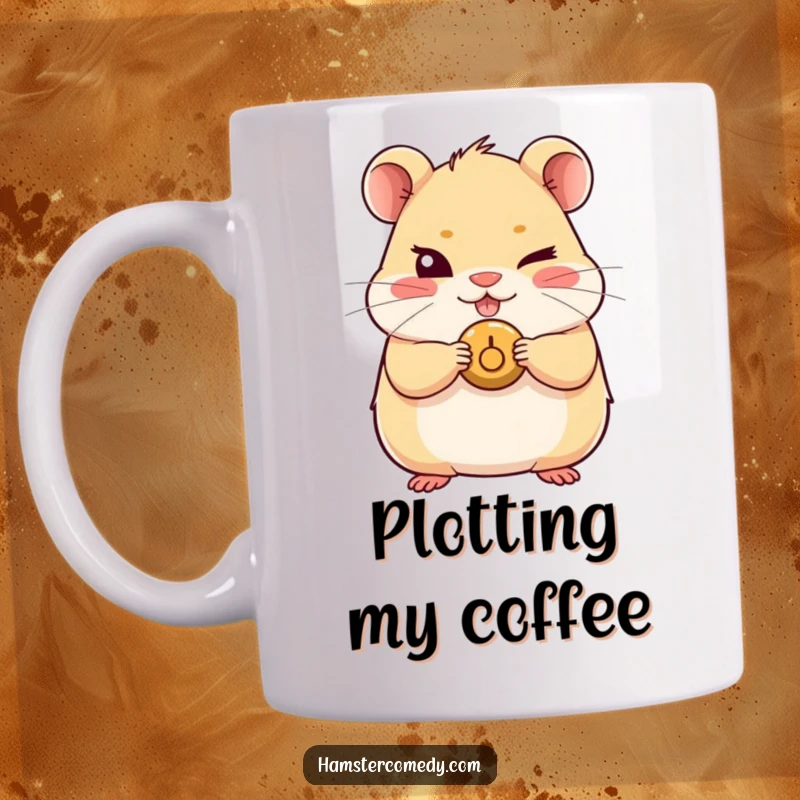 Funny Kawaii Hamster Mug with a cute hamster mischievous wink and holding a tiny button, a playful and humorous accessory.