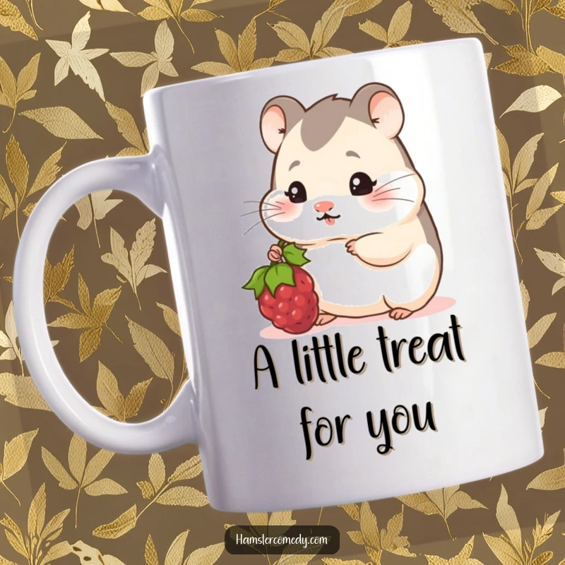 Funny Hamster Mug: A shy hamster peeks out with a cute smile, offering a delicious berry, radiating sweetness.