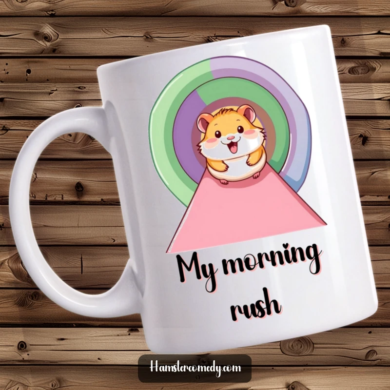 Funny hamster mug showing a happy hamster with a big smile sliding down a vibrant, colorful tunnel with pure delight.