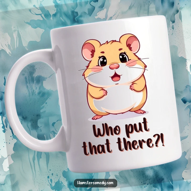 Funny surprised hamster mug showing a hamster mid-scurry with wide eyes and an astonished expression, conveying comical panic.