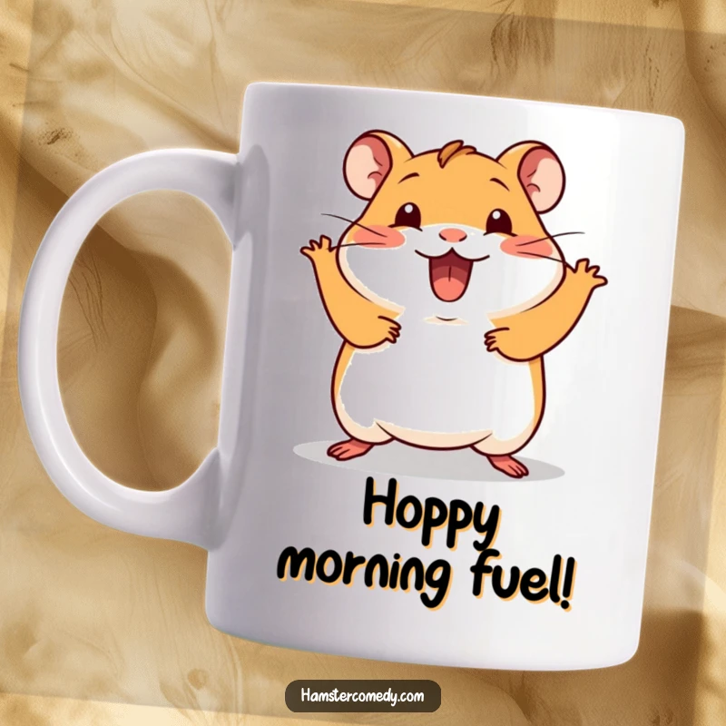 Funny Kawaii Hamster Mug showing a cute hamster doing a silly hop with excitement, a humorous and joyful gift.
