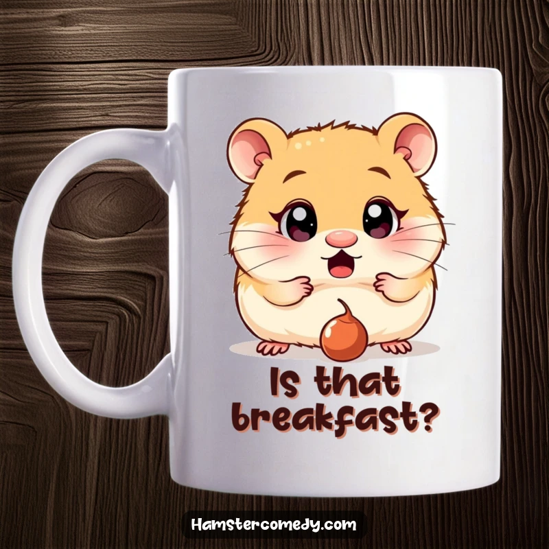 Funny Mug: A hamster with incredibly wide, surprised eyes stares intently at a single dropped raisin, a picture of adorable shock.