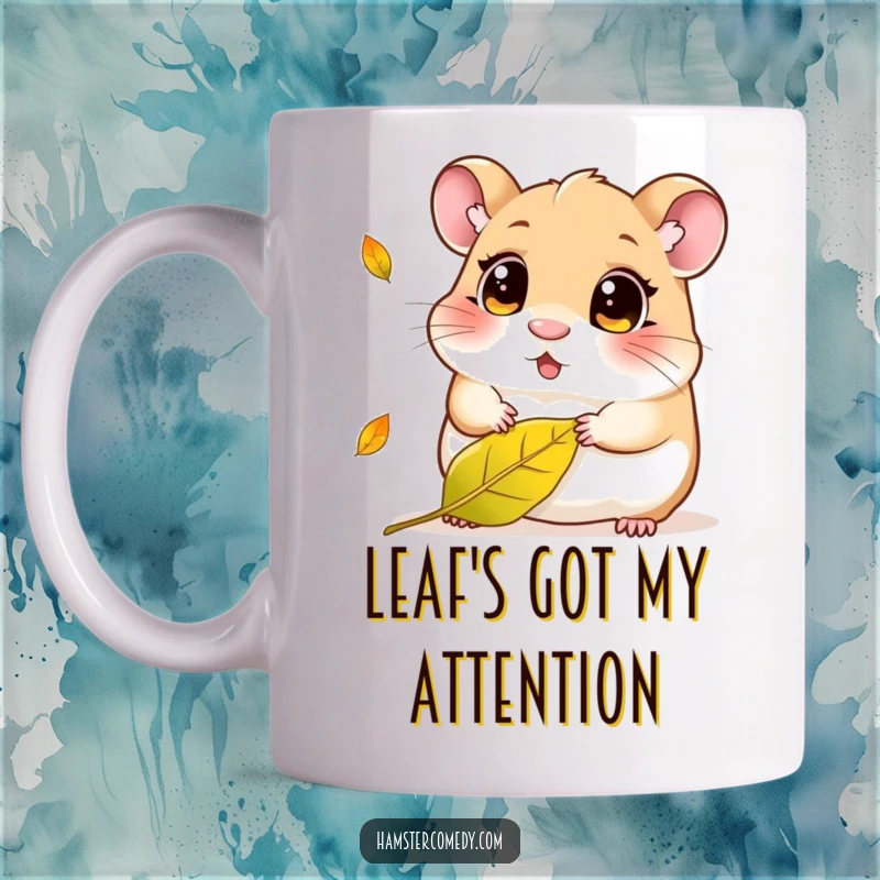 Funny Kawaii Hamster Mug: Cute hamster with wide, curious eyes watching a single falling autumn leaf, evoking a sense of wonder and peace.