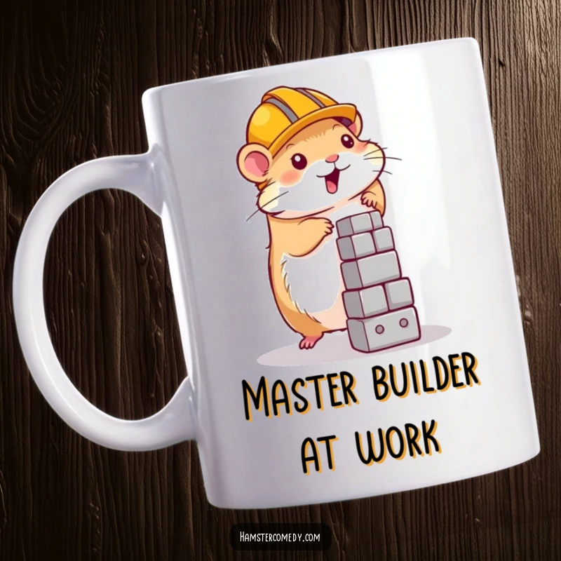 Funny hamster wearing a construction helmet diligently building a tower on a coffee mug, perfect gift.