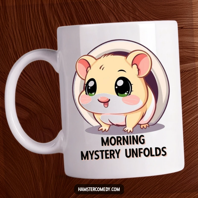 Funny mug showing a kawaii hamster with big, curious eyes, cautiously exploring the entrance of a dark tunnel.