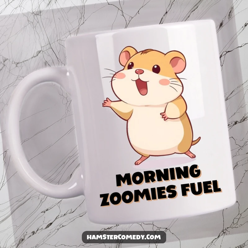 Funny hamster doing a silly hop, back legs stretched out mid-air, humorous mug, perfect funny gift.