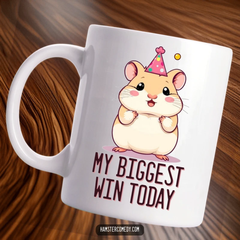 Funny hamster wearing a tiny party hat, joyfully celebrating its achievements on a mug, perfect for a funny gift.