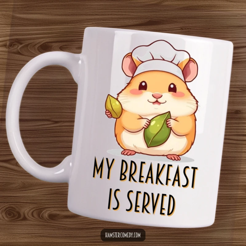 Funny mug with a kawaii hamster wearing a tiny chef hat, presenting a single seed with pride.