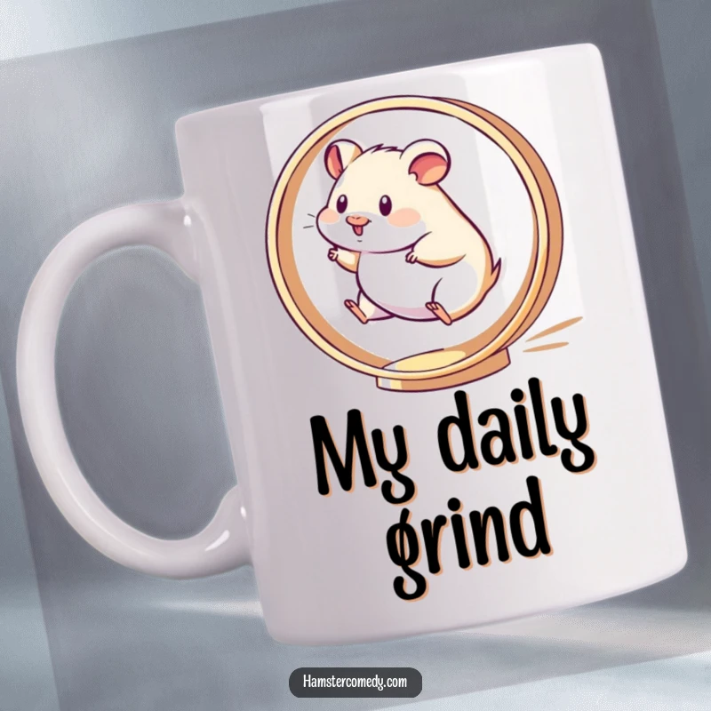 Funny Kawaii Hamster Mug showing a cute hamster energetically running on a spinning wheel, a symbol of activity.