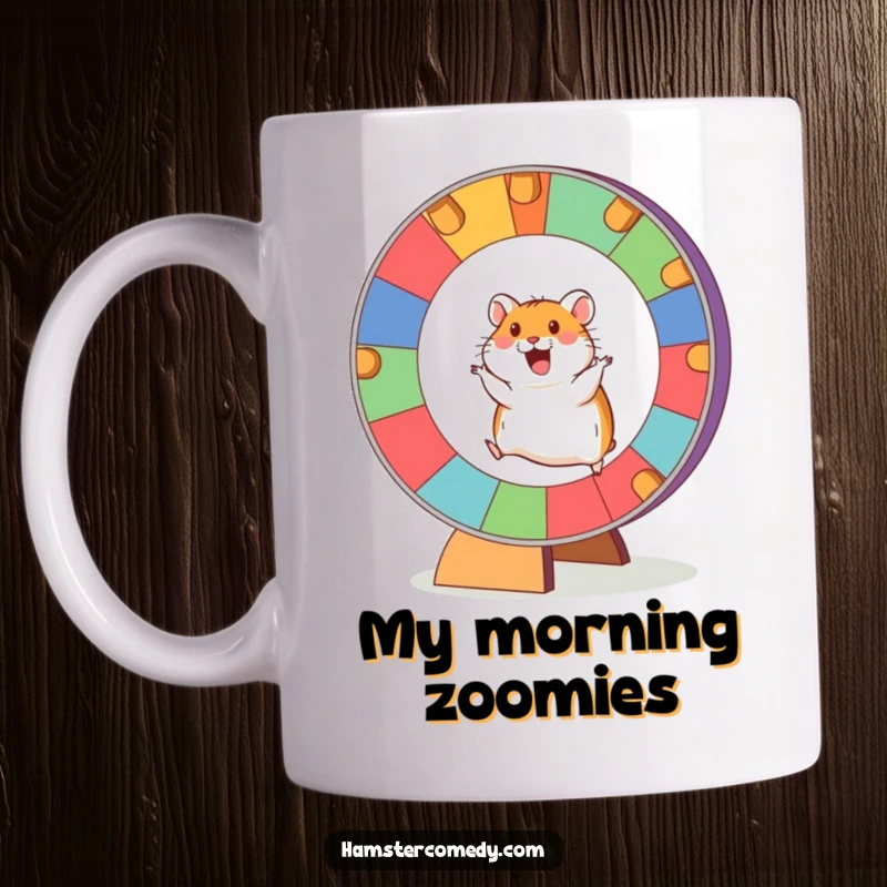 Funny Hamster Wheel Mug showing an excited hamster energetically running on a giant, colorful wheel, motivational and fun.